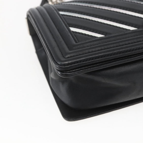 CHANEL Chain Boy Chanel V Stitch Bag Leather Black Silver CC Auth ka1417SAM