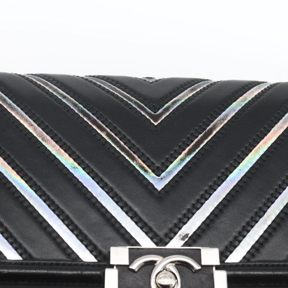 CHANEL Chain Boy Chanel V Stitch Bag Leather Black Silver CC Auth ka1417SAM