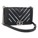 CHANEL Chain Boy Chanel V Stitch Bag Leather Black Silver CC Auth ka1417SAM-1