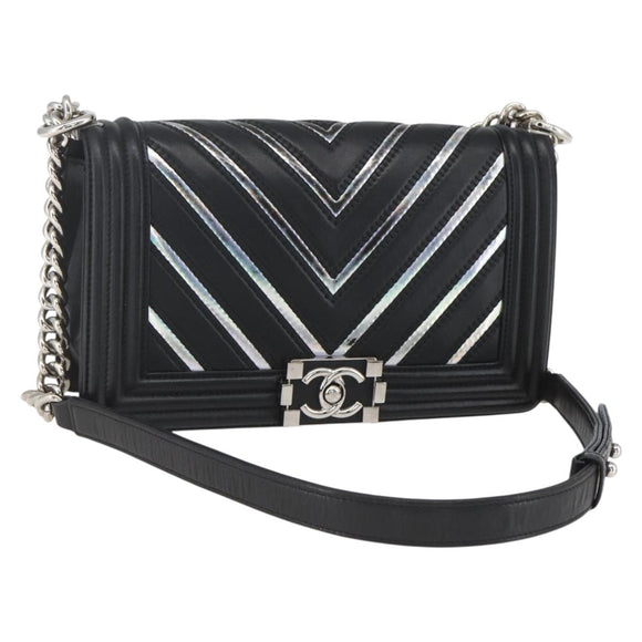 CHANEL Chain Boy Chanel V Stitch Bag Leather Black Silver CC Auth ka1417SAM