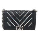 CHANEL Chain Boy Chanel V Stitch Bag Leather Black Silver CC Auth ka1417SAM-13