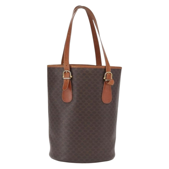 CELINE Macadam Canvas Tote Bag PVC Leather Brown Gold Auth ka1426