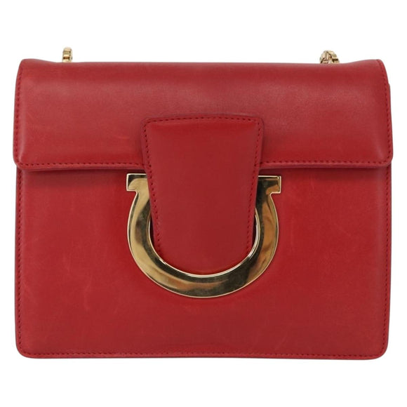 Salvatore Ferragamo Chain Shoulder Bag Leather Red Gold Auth ka1446