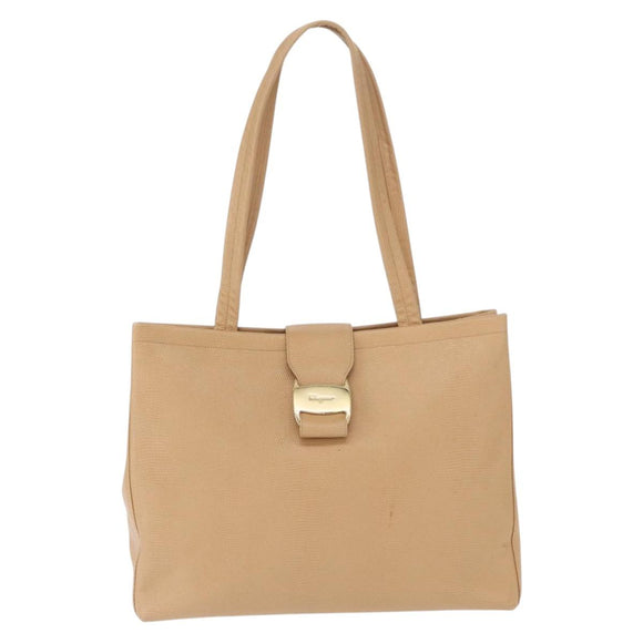Salvatore Ferragamo Vala Tote Bag Leather Beige Gold Auth ka1447