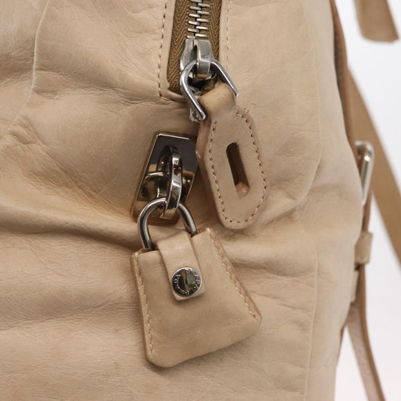 PRADA Tote Bag Leather Beige Silver Auth ka1448