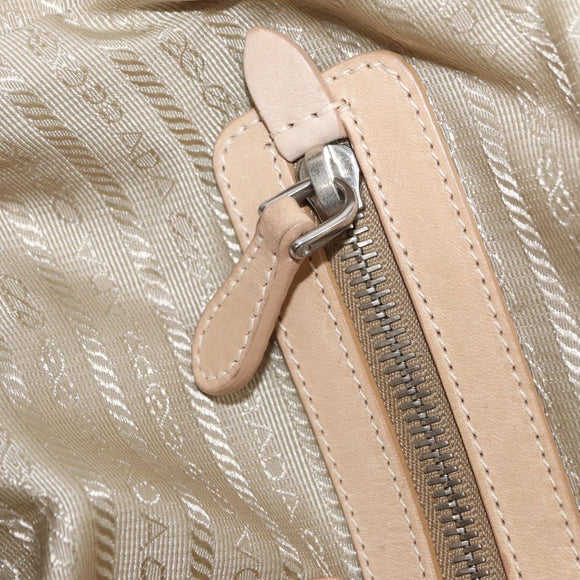 PRADA Tote Bag Leather Beige Silver Auth ka1448