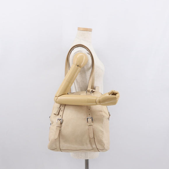 PRADA Tote Bag Leather Beige Silver Auth ka1448