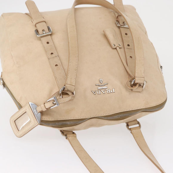 PRADA Tote Bag Leather Beige Silver Auth ka1448