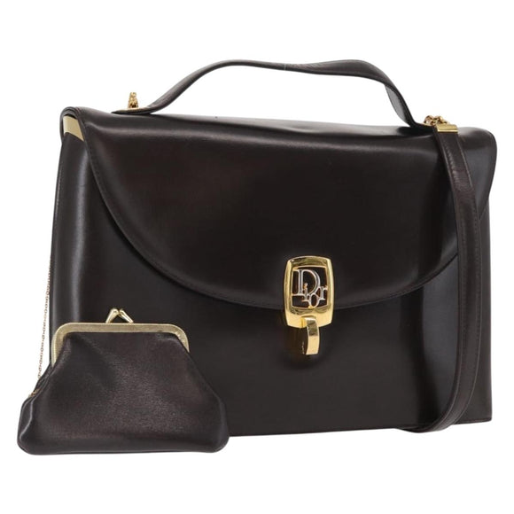 Christian Dior Hand Bag Leather 2way Black Gold Auth ka1452