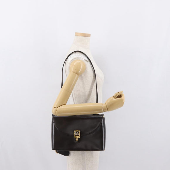 Christian Dior Hand Bag Leather 2way Black Gold Auth ka1452