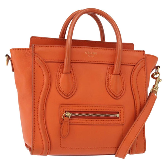 CELINE Luggage Nano Shopper Hand Bag Leather 2way Orange Gold Auth ka148