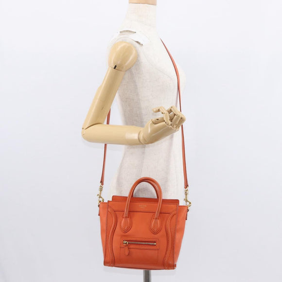 CELINE Luggage Nano Shopper Hand Bag Leather 2way Orange Gold Auth ka148