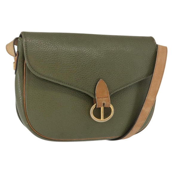 Christian Dior Shoulder Bag Leather Khaki Gold Auth ka1481