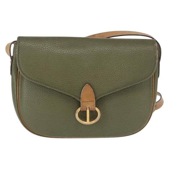Christian Dior Shoulder Bag Leather Khaki Gold Auth ka1481
