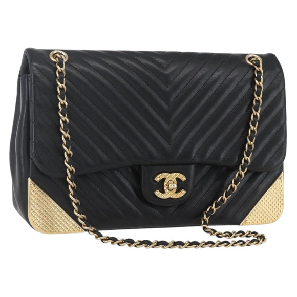 CHANEL V Stitch Chevron Chain Shoulder Bag Lamb Skin Black Gold CC Auth ka1483SAM