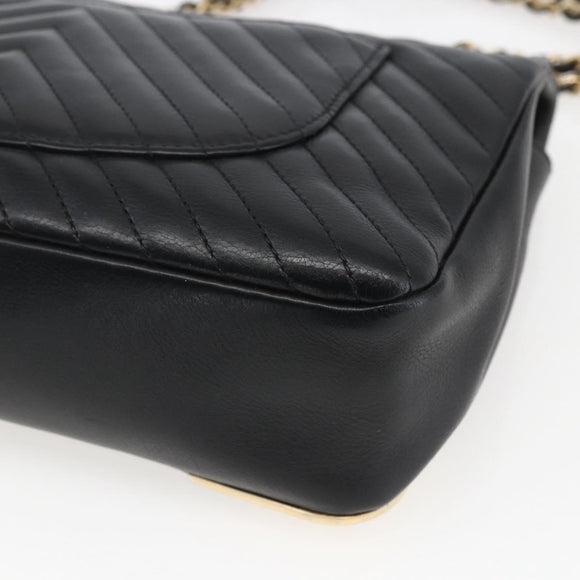 CHANEL V Stitch Chevron Chain Shoulder Bag Lamb Skin Black Gold CC Auth ka1483SAM