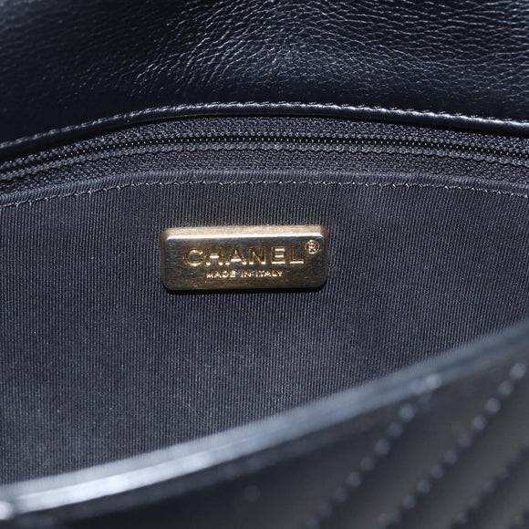 CHANEL V Stitch Chevron Chain Shoulder Bag Lamb Skin Black Gold CC Auth ka1483SAM