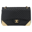 CHANEL V Stitch Chevron Chain Shoulder Bag Lamb Skin Black Gold CC Auth ka1483SAM-2