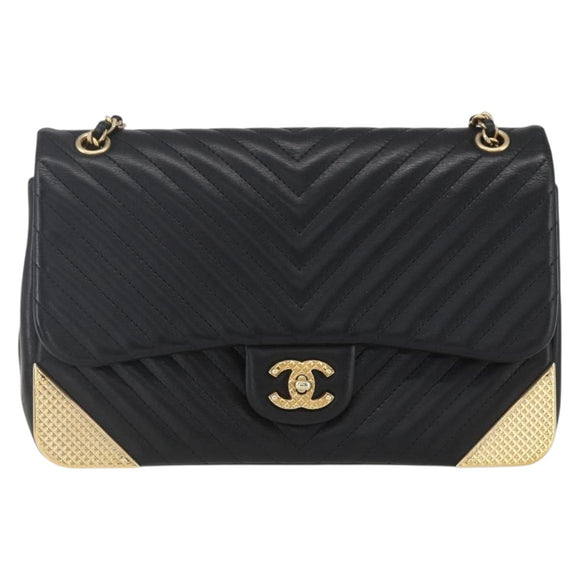 CHANEL V Stitch Chevron Chain Shoulder Bag Lamb Skin Black Gold CC Auth ka1483SAM