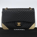 CHANEL V Stitch Chevron Chain Shoulder Bag Lamb Skin Black Gold CC Auth ka1483SAM-24