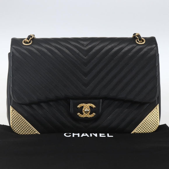 CHANEL V Stitch Chevron Chain Shoulder Bag Lamb Skin Black Gold CC Auth ka1483SAM