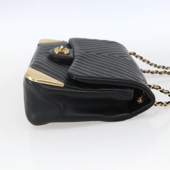 CHANEL V Stitch Chevron Chain Shoulder Bag Lamb Skin Black Gold CC Auth ka1483SAM