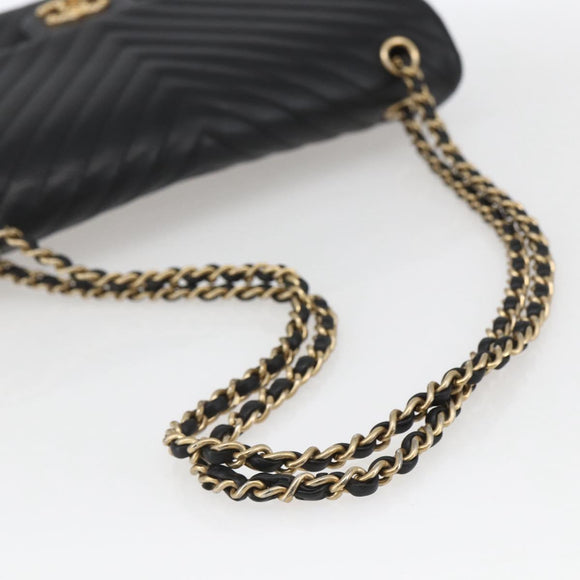 CHANEL V Stitch Chevron Chain Shoulder Bag Lamb Skin Black Gold CC Auth ka1483SAM