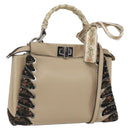 FENDI Mini Peek A Boo Hand Bag Leather 2way Beige Silver Auth ka1516M-1