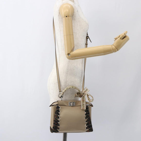 FENDI Mini Peek A Boo Hand Bag Leather 2way Beige Silver Auth ka1516M
