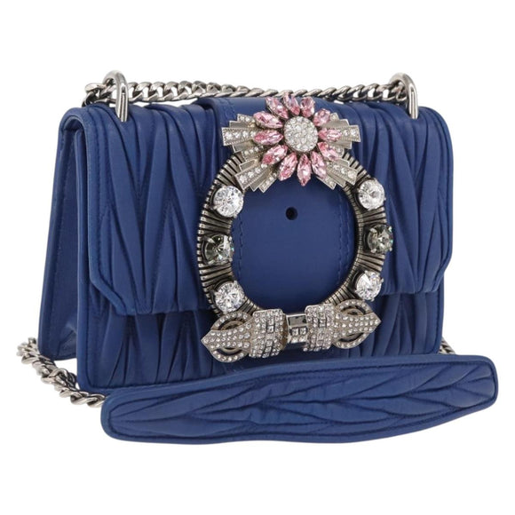 Miu Miu Matelasse Chain Shoulder Bag Leather Blue Silver Auth ka1528V