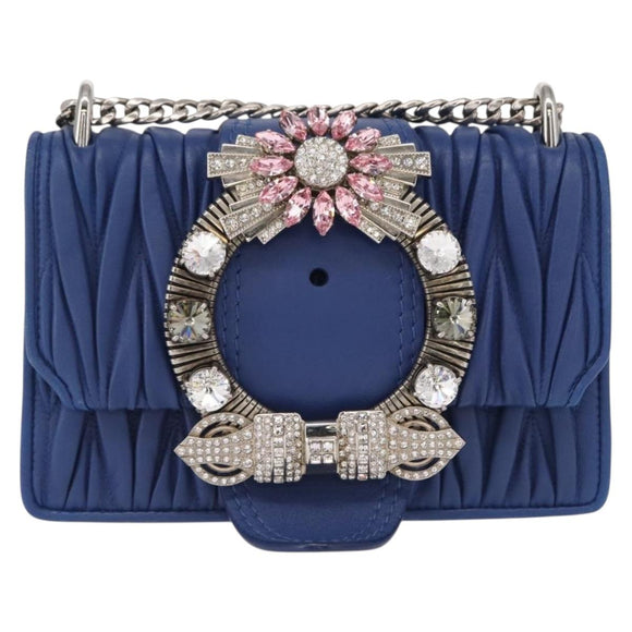 Miu Miu Matelasse Chain Shoulder Bag Leather Blue Silver Auth ka1528V