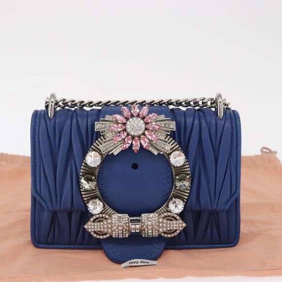 Miu Miu Matelasse Chain Shoulder Bag Leather Blue Silver Auth ka1528V