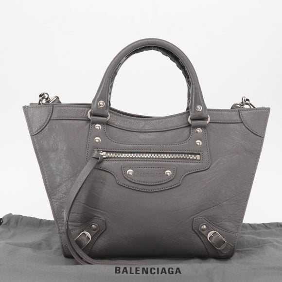 BALENCIAGA Neo Classic M Hand Bag Leather 2way Gray Silver 702502 Auth ka1535M