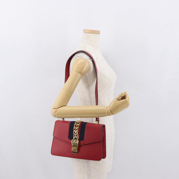 GUCCI Silvi Sherry Line Shoulder Bag Leather 2way Red Gold 421882 Auth ka1549