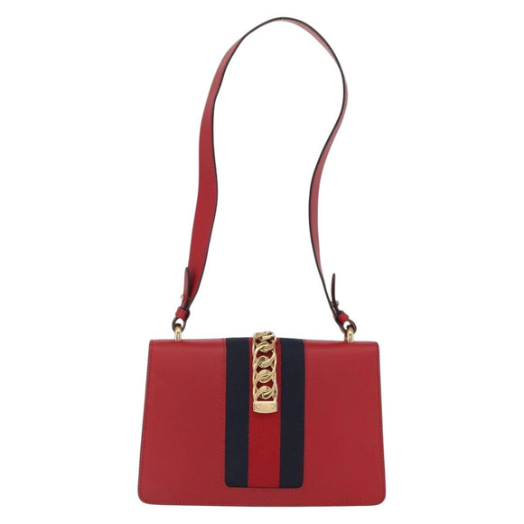 GUCCI Silvi Sherry Line Shoulder Bag Leather 2way Red Gold 421882 Auth ka1549