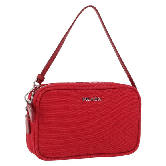 PRADA Accessory Pouch Canvas Red Silver Auth ka1557