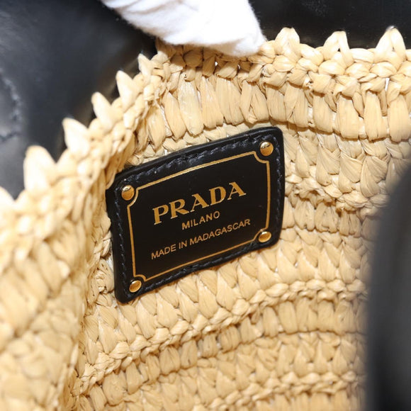 PRADA Hand Bag Straw Leather 2way Beige Black Auth ka156V
