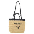 PRADA Hand Bag Straw Leather 2way Beige Black Auth ka156V-1