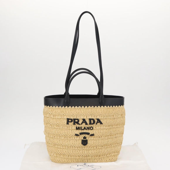 PRADA Hand Bag Straw Leather 2way Beige Black Auth ka156AV