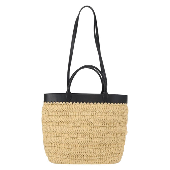 PRADA Hand Bag Straw Leather 2way Beige Black Auth ka156AV