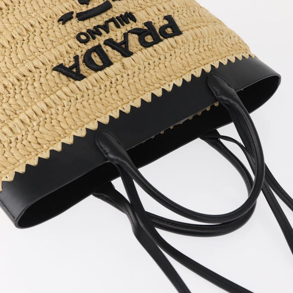 PRADA Hand Bag Straw Leather 2way Beige Black Auth ka156AV