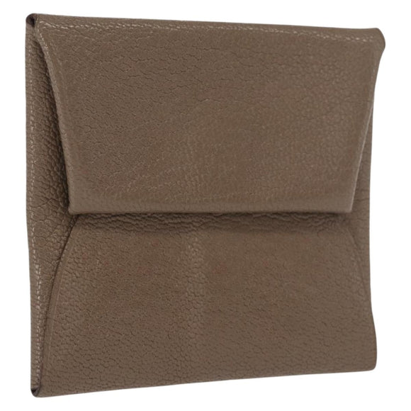 HERMES Coin Purse Leather Beige Silver Auth ka1572