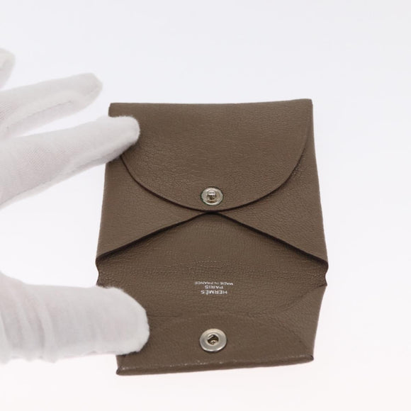 HERMES Coin Purse Leather Beige Silver Auth ka1572