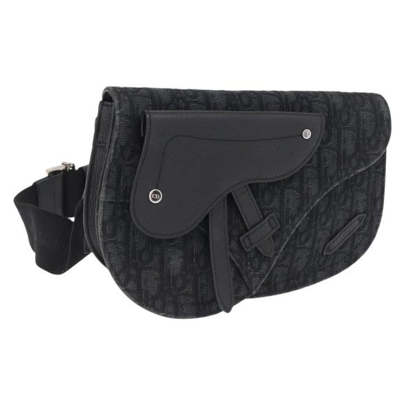 Christian Dior Oblique Trotter Canvas Saddle bag Bag Black Silver Auth ka1589A