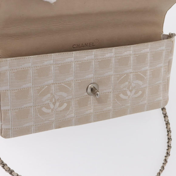CHANEL New Travel line Chain Shoulder Bag Nylon Beige Silver CC Auth ka1609SAV