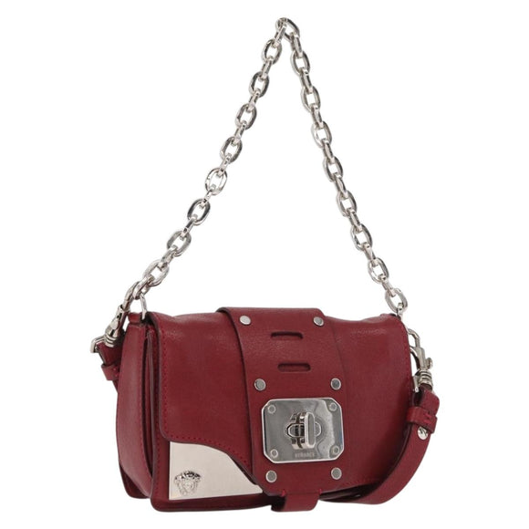 VERSACE Shoulder Bag Leather Red Silver Auth ka1616