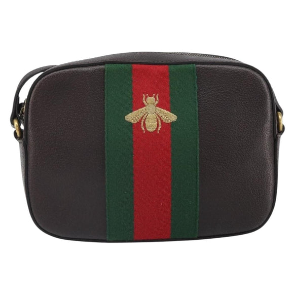 GUCCI Web Sherry Line Bee Bag Leather Dark Brown Gold Red 412008 Auth ka1667V