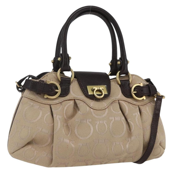 Salvatore Ferragamo Gancini Hand Bag Leather Canvas 2way Beige Gold Auth ka1671