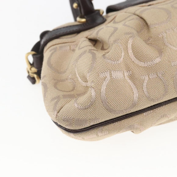 Salvatore Ferragamo Gancini Hand Bag Leather Canvas 2way Beige Gold Auth ka1671