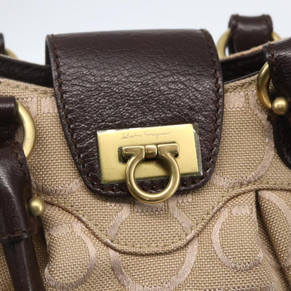 Salvatore Ferragamo Gancini Hand Bag Leather Canvas 2way Beige Gold Auth ka1671